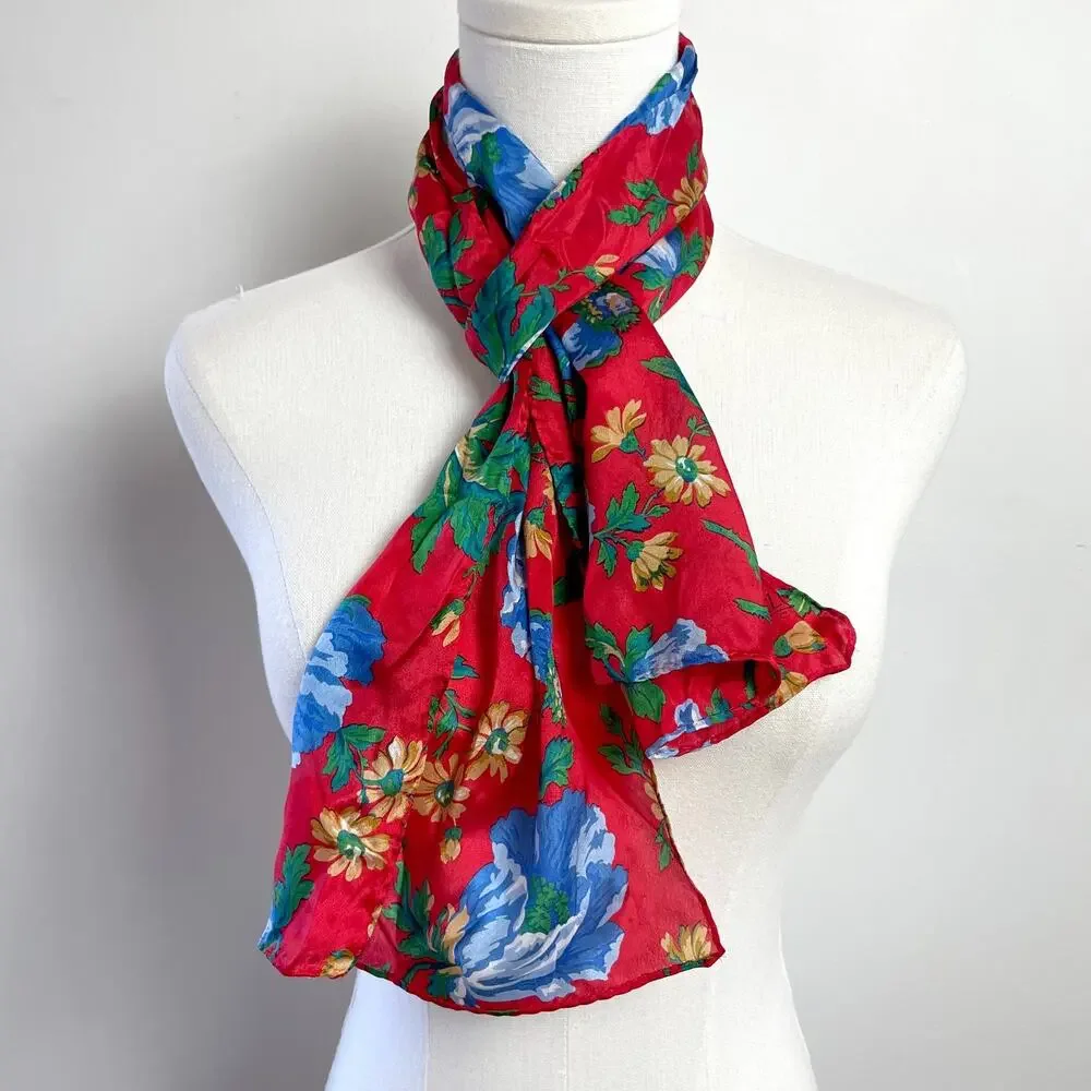 Long Silk Scarf Rectangle Floral Red Blue Cottagecore Romantic Parisian‎